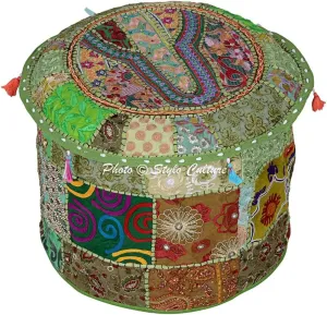 40 cm Round Cotton Patchwork Embroidered Pouffe Stool Ottoman Pouf Cover Green Floral Footstool Floor Cushion Ethnic Decor Bean Bag Living Room