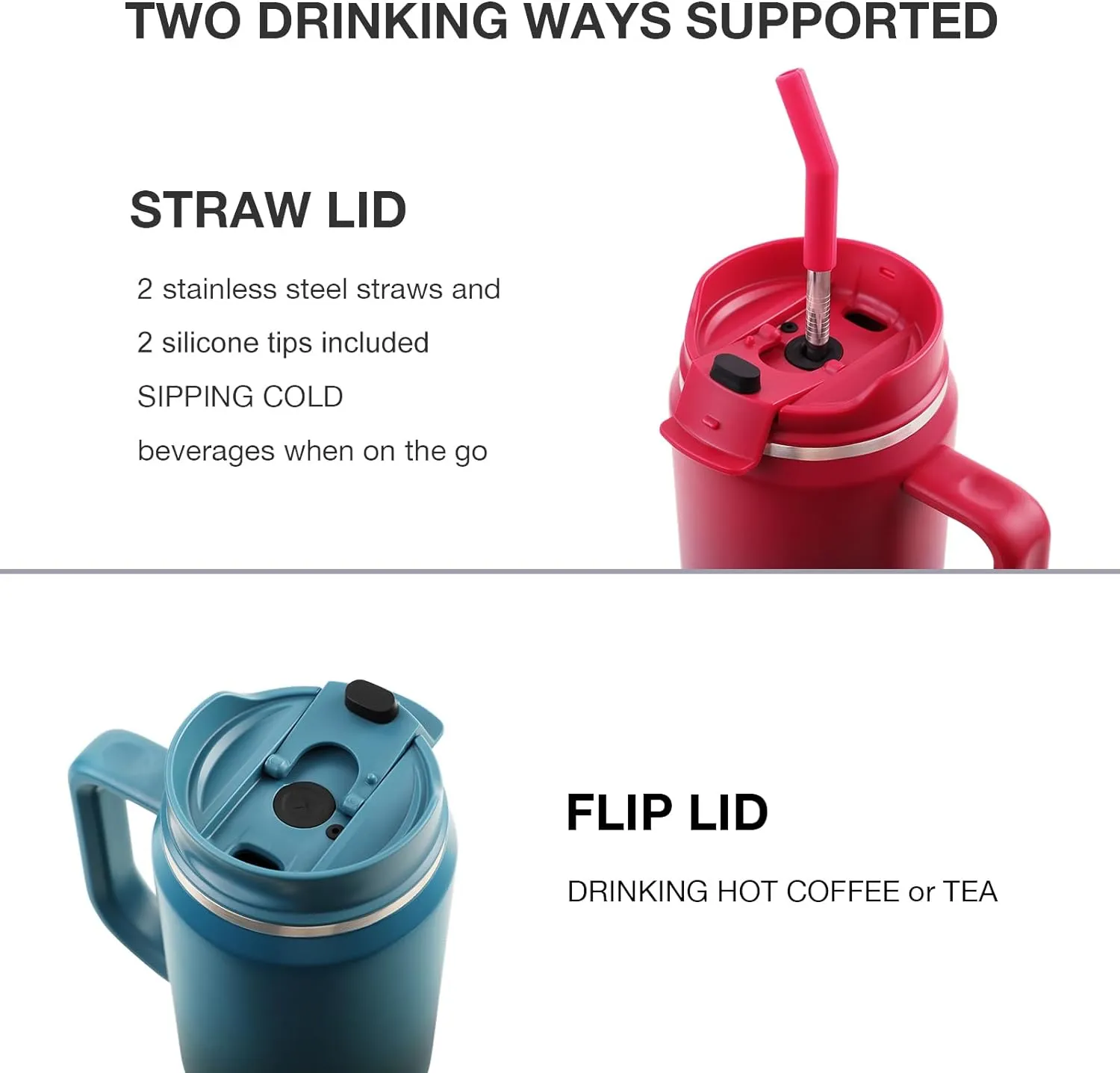 40 oz Tumbler with Handle, Insulated Tumblers with Lid and Straw, Large Metal Sports Water Bottle Jug, Thermal Stainless Steel Travel Coffee Mug Cup, Blue