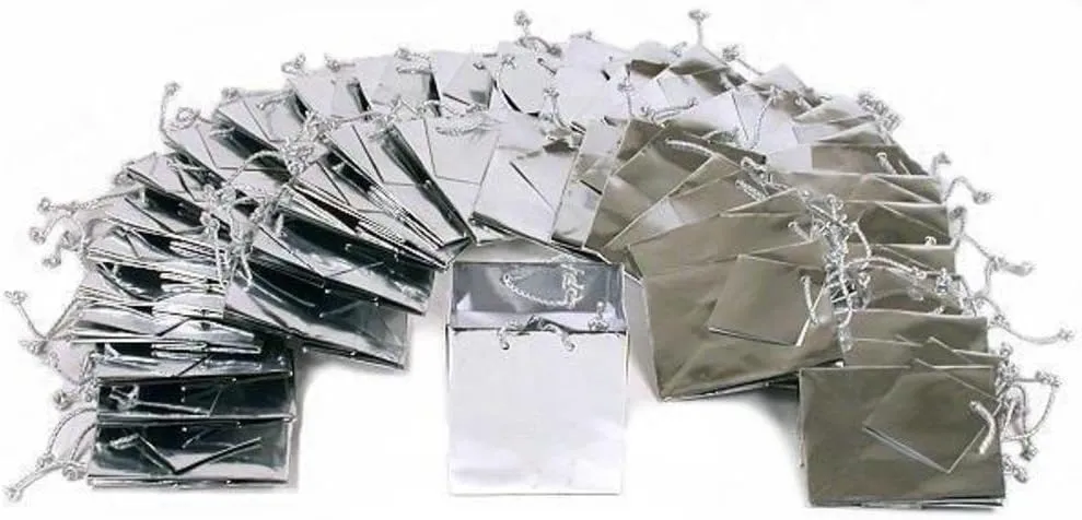 40 Silver Tote Bags Metallic Shopping Gift Display 3.5"