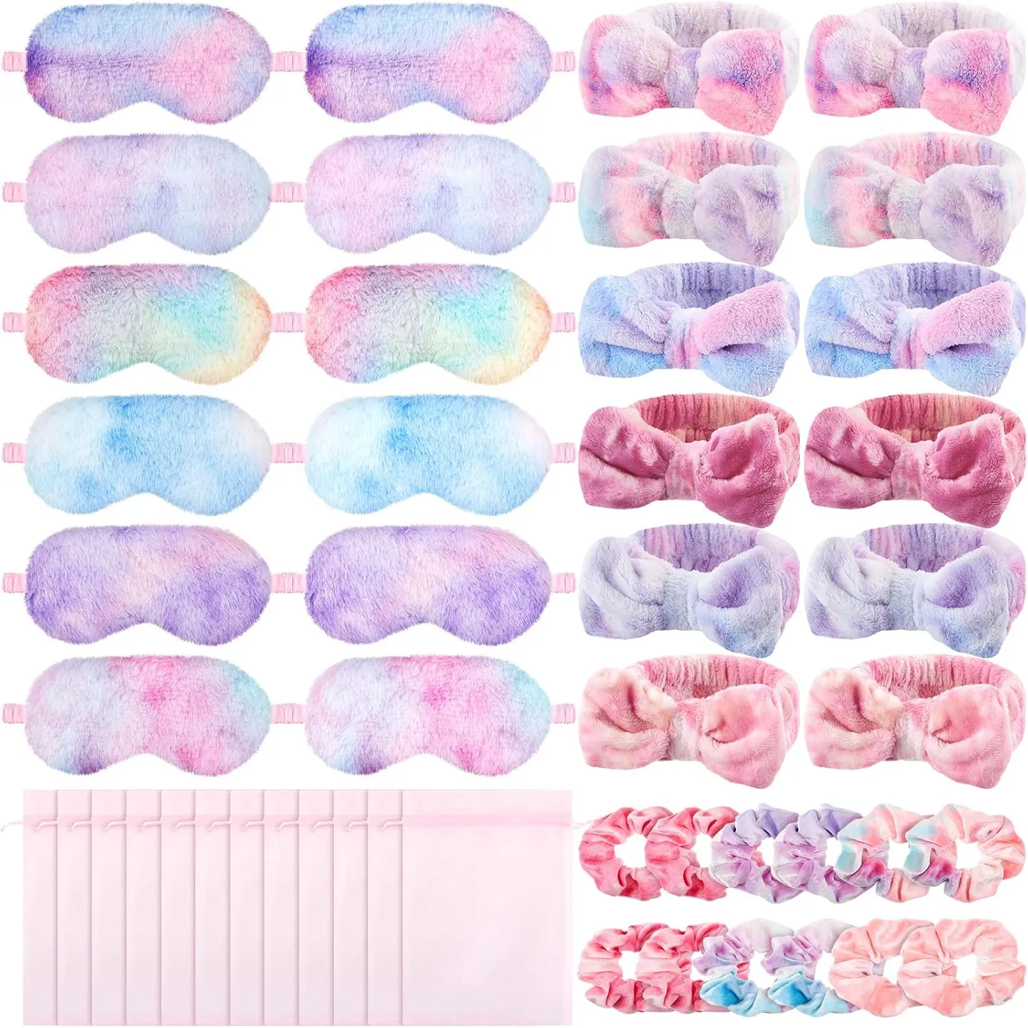 48 Pcs Sleepover Party Supplies for Women Girls Spa Headband Plush Eye Mask Bow Makeup Headbands Storage Bags Pajama Party Favors for Birthday Spa Bachelorette