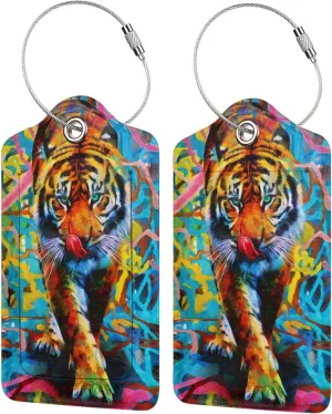 4pcs Luggage Tags Printed with A Tiger Hunting for Prey, Colorful Leather Suitcase Tags Identifiers, Cool Cruise ID Labels with Privacy Cover for Backpack, Travel Bag