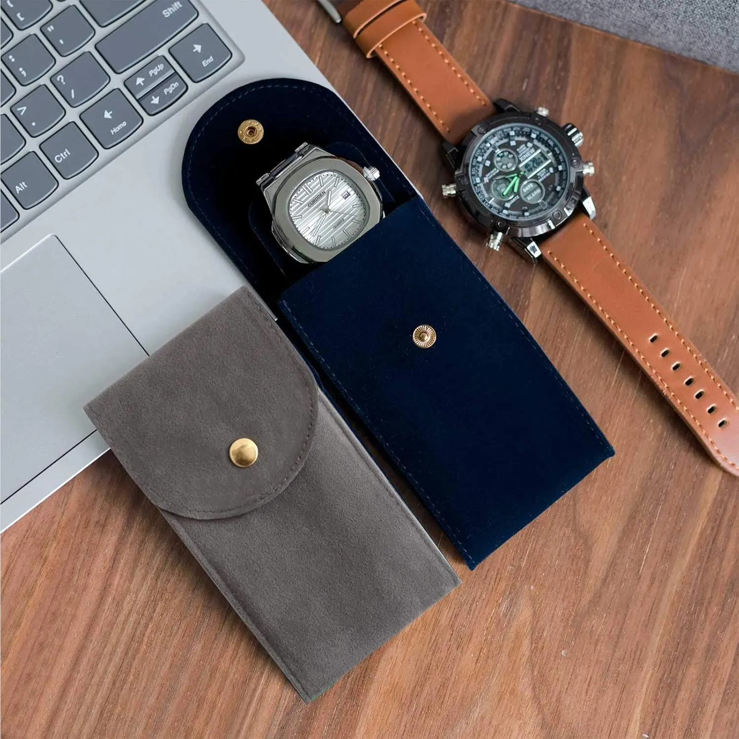 4PCS Watch Travel Case for Men and Women Portable Velvet Watch Pouch Watch Storage Bag and Organizer (2BLUE 2GRAY)