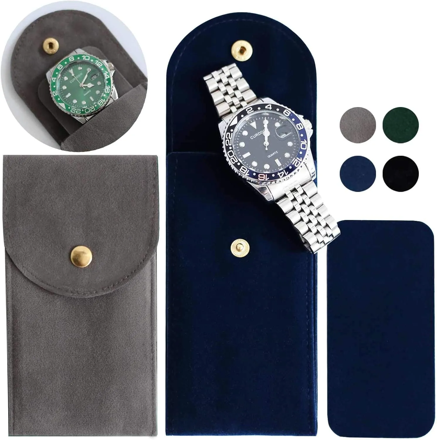 4PCS Watch Travel Case for Men and Women Portable Velvet Watch Pouch Watch Storage Bag and Organizer (2BLUE 2GRAY)