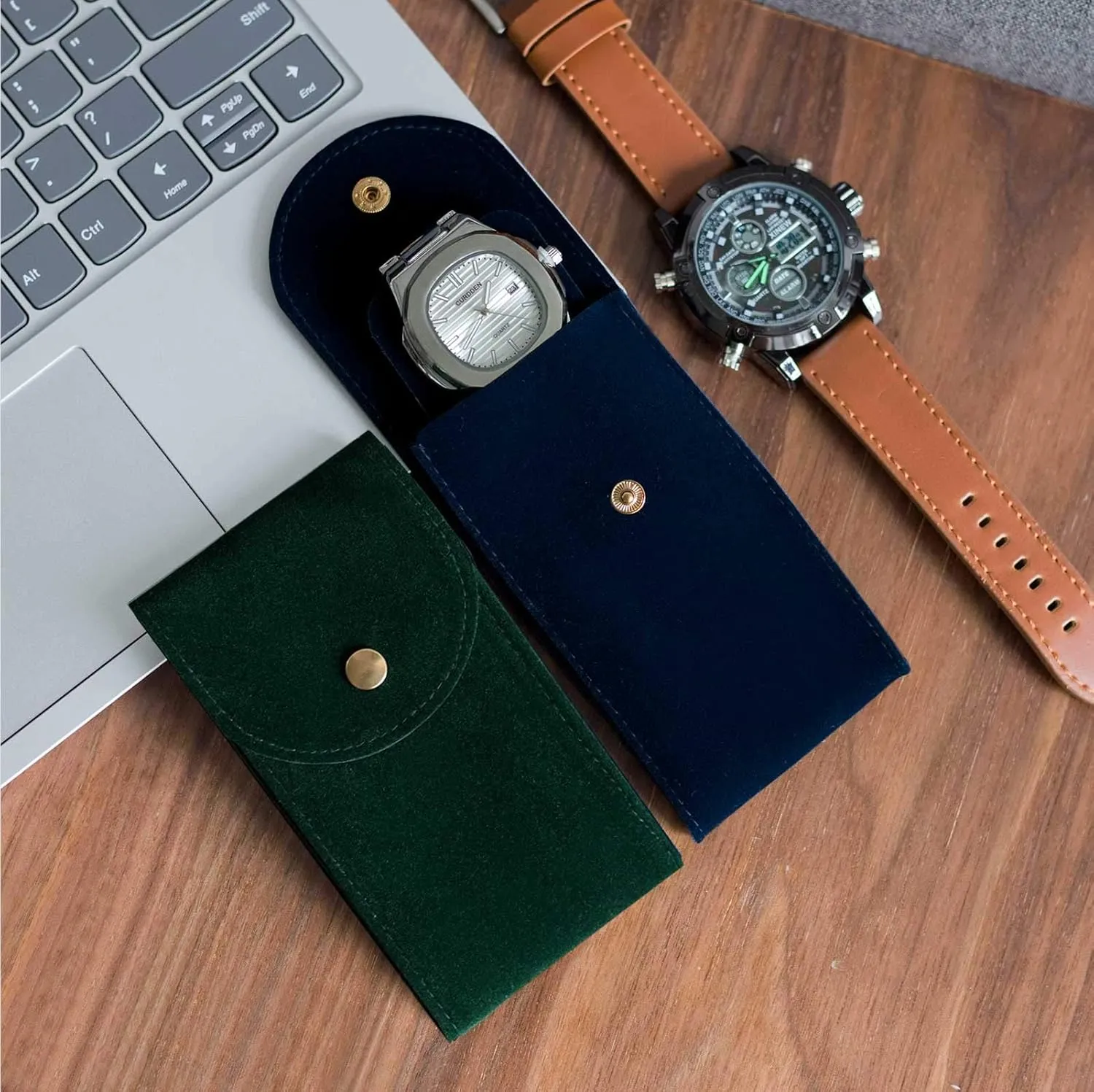 4PCS Watch Travel Case for Men and Women Portable Velvet Watch Pouch Watch Storage Bag and Organizer (2GREEN 2BLUE)