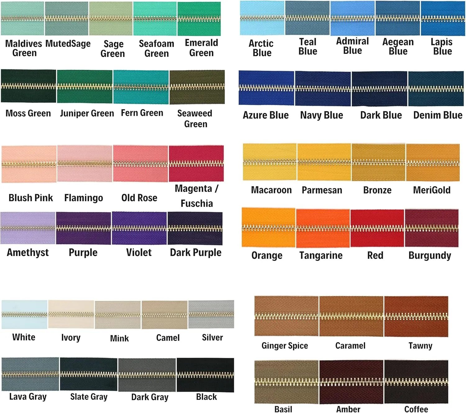 #5 Gold Metal Zipper - 50  Colors - 3 PCS - (4-14 inches) Sizes - Luxury Lightweight Handcraft Metal Zippers Gold Teeth for Purses Bags Pockets Shoes Sewing & Crafts DIY