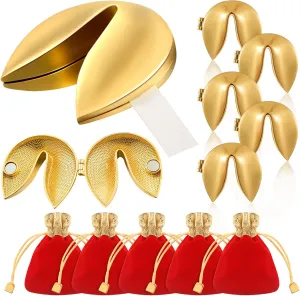 5 Set Metal Fortune Cookie Box Gold Fortune Cookie Paper Message with Red Velvet Bags Kit for Weddings Decoration Couples Keepsake