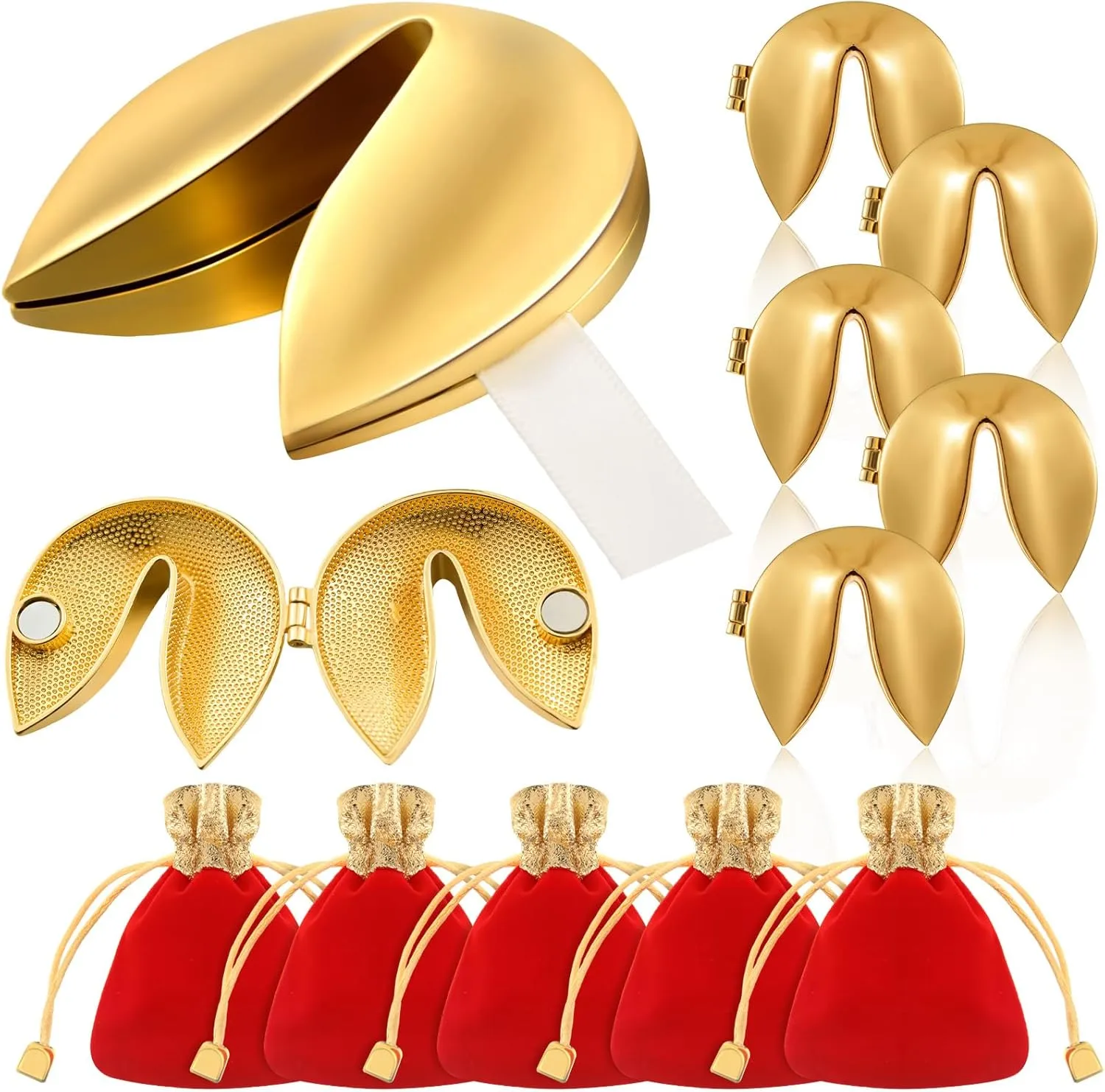 5 Set Metal Fortune Cookie Box Gold Fortune Cookie Paper Message with Red Velvet Bags Kit for Weddings Decoration Couples Keepsake