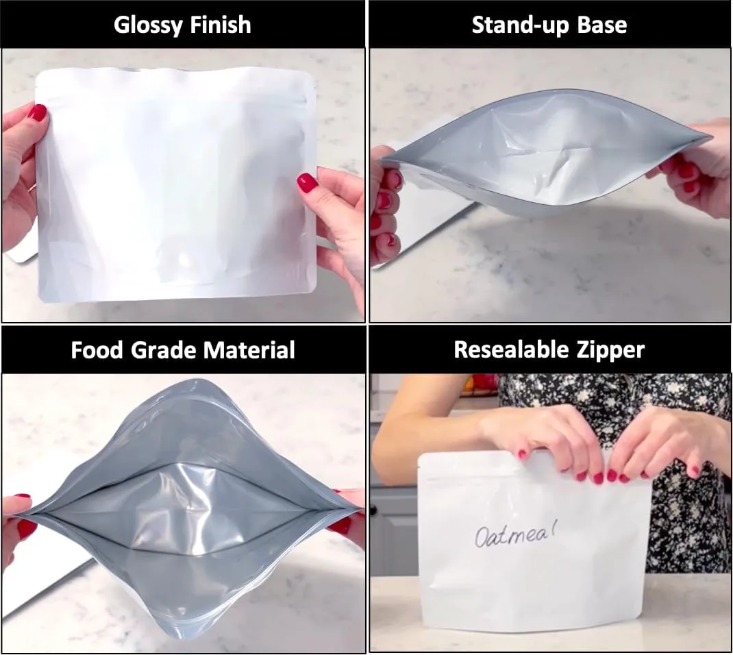 50 Pack 7.5 Mil White Mylar Stand Up Bags - 8.5x6.5 Inches Resealable Smell Proof Bag withstand Hot Water - Foil Sealable Zipper Food Storage Pouch - Glossy White