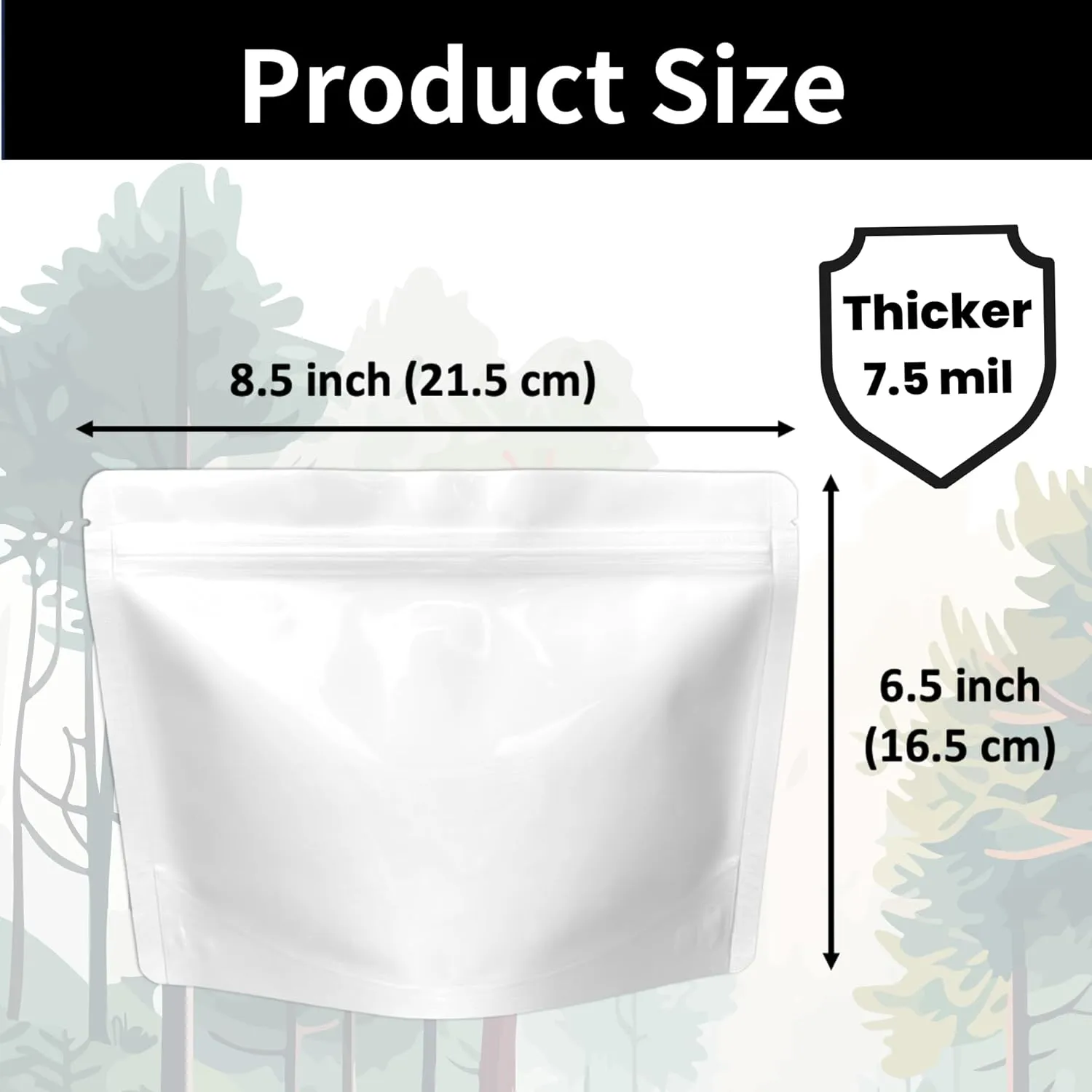 50 Pack 7.5 Mil White Mylar Stand Up Bags - 8.5x6.5 Inches Resealable Smell Proof Bag withstand Hot Water - Foil Sealable Zipper Food Storage Pouch - Glossy White