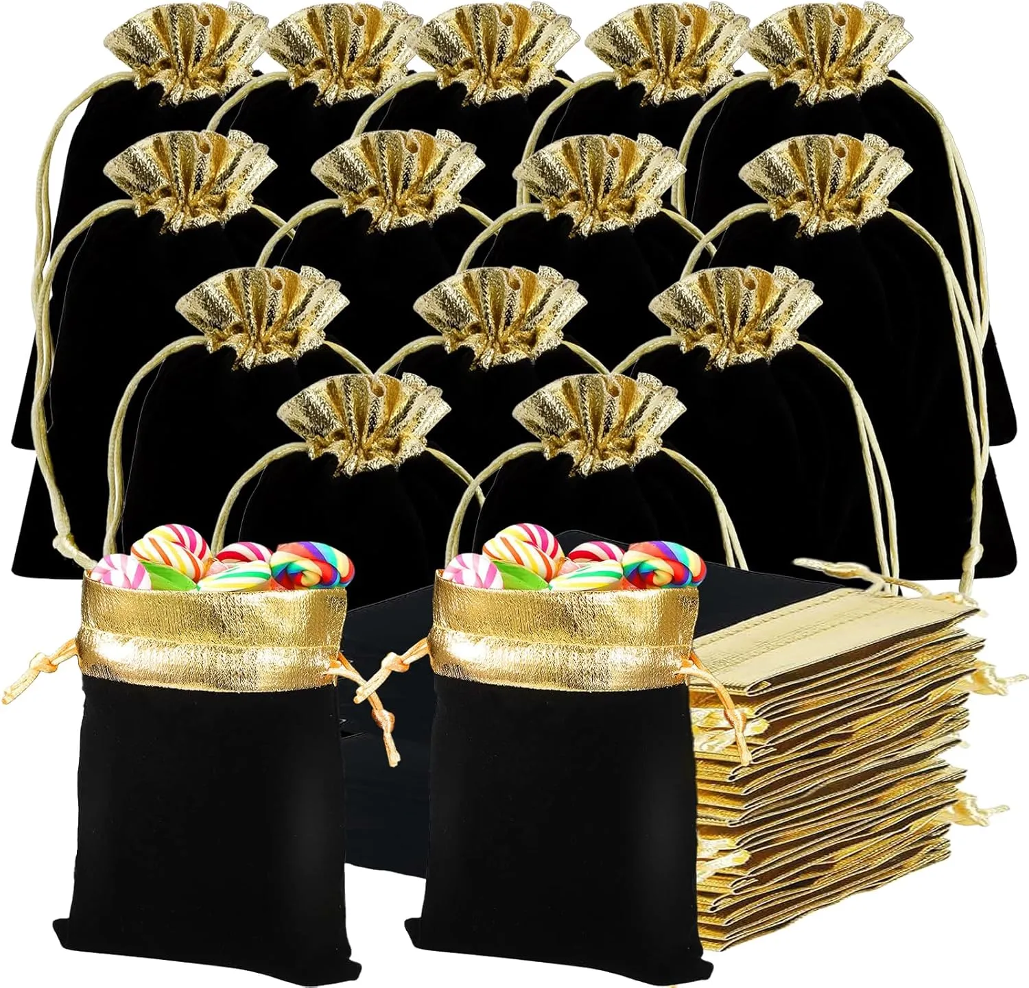 50 Pack Velvet Jewelry Pouches with Drawstrings - 6x5 Inch Black & Gold Velvet Bags, Reusable Premium Small Drawstring Gift Pouch Set for Jewelry, Dice, Candy, Wedding Favors, Christmas Party Supplies