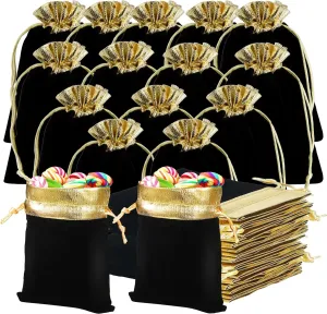 50 Pack Velvet Jewelry Pouches with Drawstrings - 6x5 Inch Black & Gold Velvet Bags, Reusable Premium Small Drawstring Gift Pouch Set for Jewelry, Dice, Candy, Wedding Favors, Christmas Party Supplies
