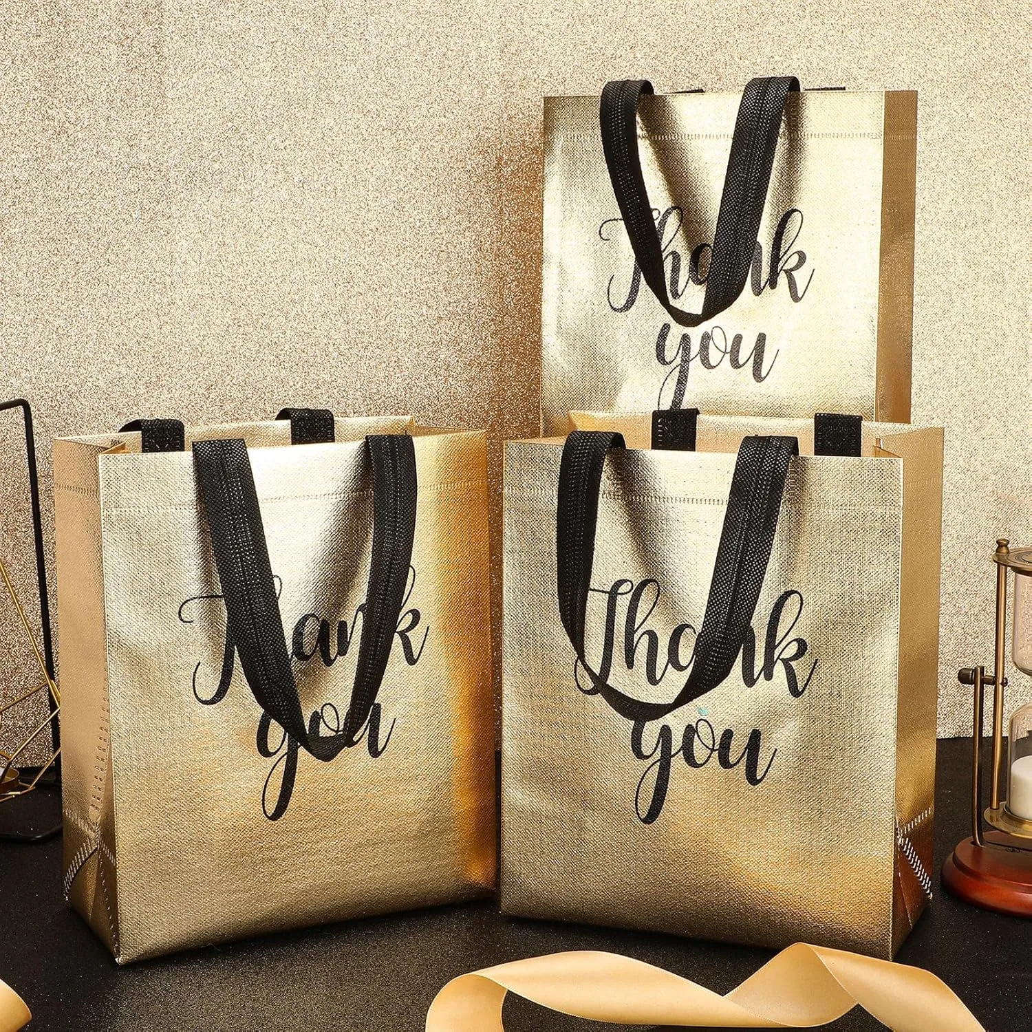 50 Pcs Glossy Thank You Gift Bag with Handles 8 x 4 x 10 Inch Non Woven Reusable Gift Bags with Glossy Finish for Wedding Birthday Parties Engagements Anniversaries Holiday(Gold)