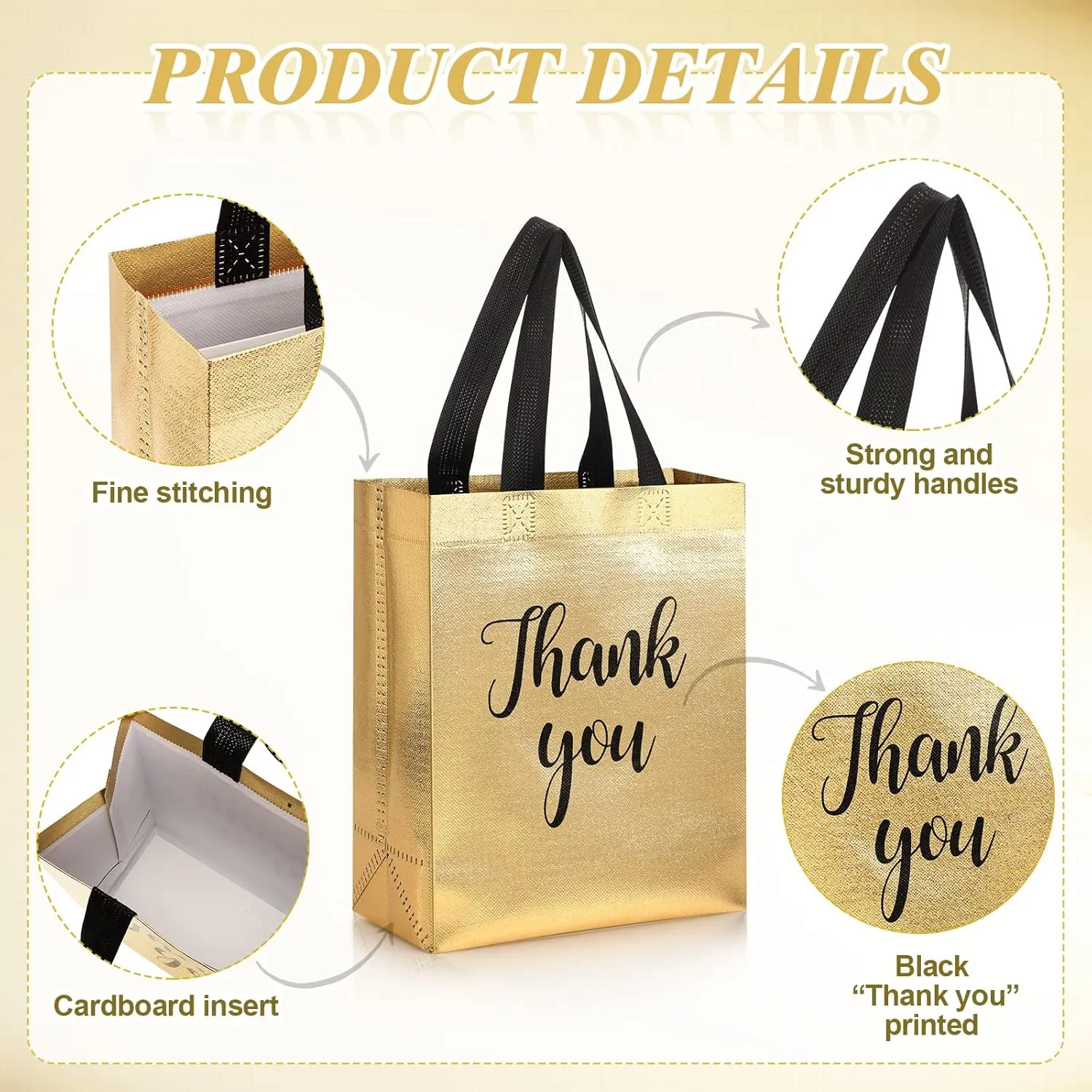50 Pcs Glossy Thank You Gift Bag with Handles 8 x 4 x 10 Inch Non Woven Reusable Gift Bags with Glossy Finish for Wedding Birthday Parties Engagements Anniversaries Holiday(Gold)
