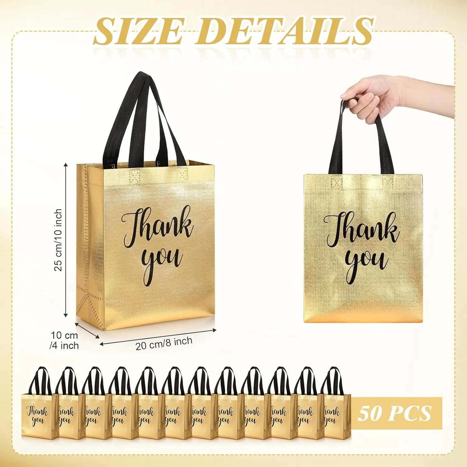 50 Pcs Glossy Thank You Gift Bag with Handles 8 x 4 x 10 Inch Non Woven Reusable Gift Bags with Glossy Finish for Wedding Birthday Parties Engagements Anniversaries Holiday(Gold)