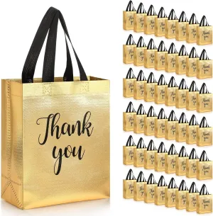 50 Pcs Glossy Thank You Gift Bag with Handles 8 x 4 x 10 Inch Non Woven Reusable Gift Bags with Glossy Finish for Wedding Birthday Parties Engagements Anniversaries Holiday(Gold)