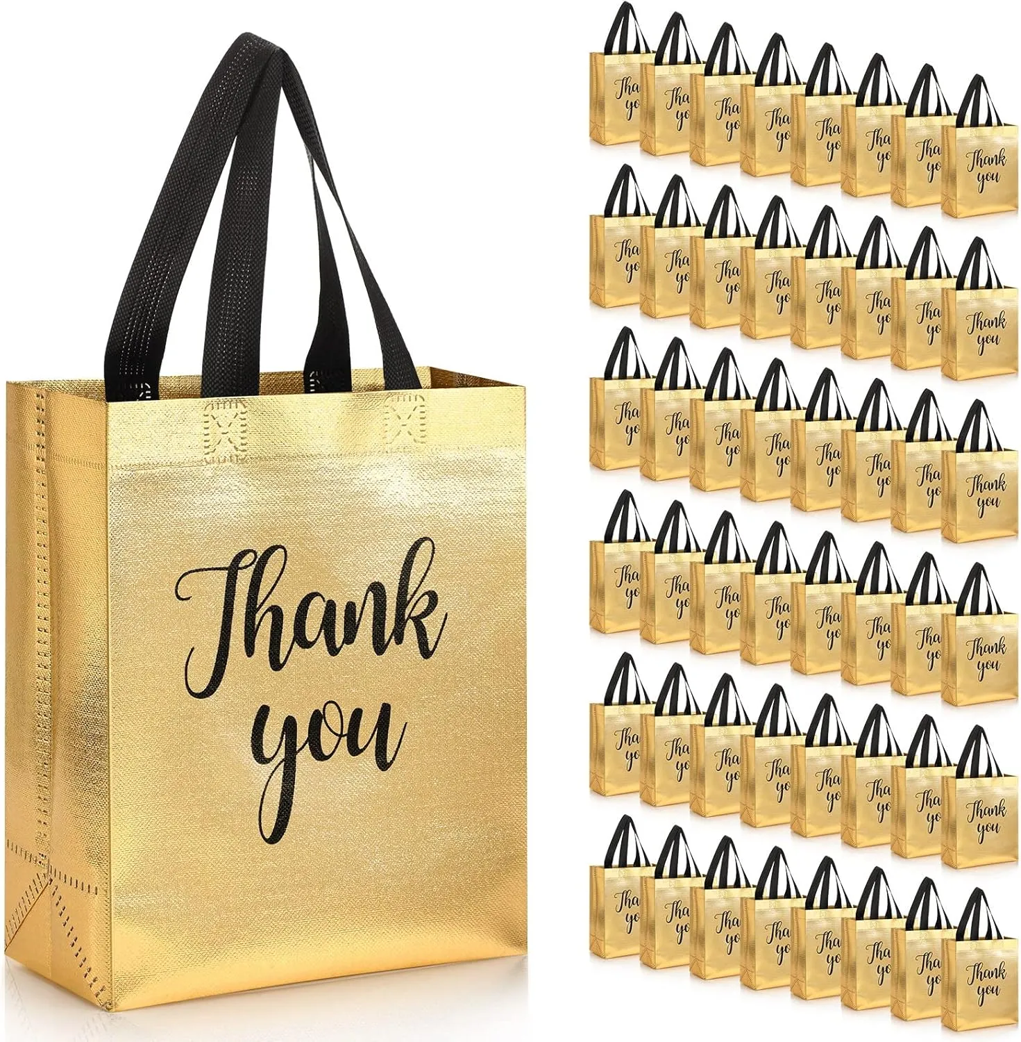 50 Pcs Glossy Thank You Gift Bag with Handles 8 x 4 x 10 Inch Non Woven Reusable Gift Bags with Glossy Finish for Wedding Birthday Parties Engagements Anniversaries Holiday(Gold)