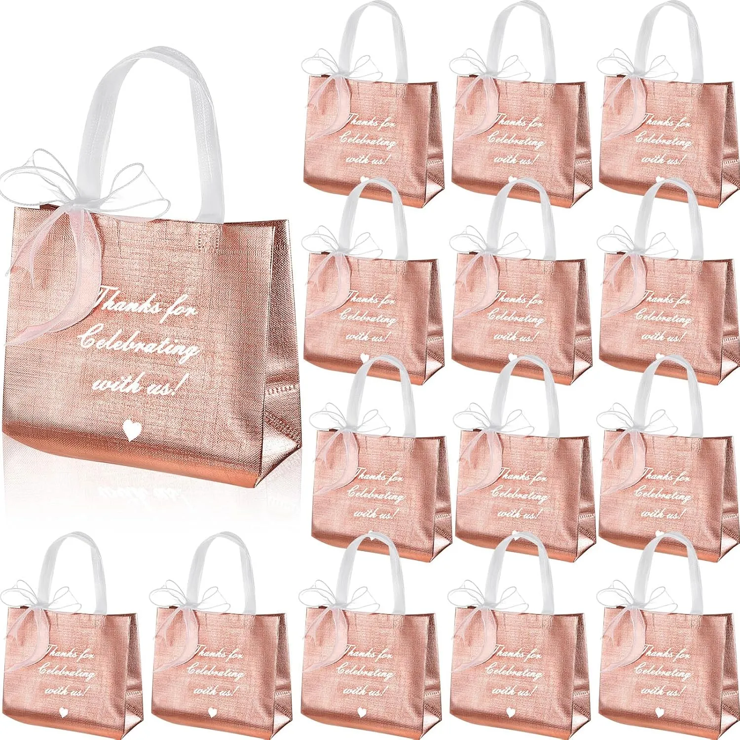 50 Pcs Thank You Gift Bags with Handles and 12 Roll Bow Ribbon, Reusable Nonwoven Return Gift Bags 9.7 x 8 x 4 Inch Glossy Wedding Welcome Tote for Birthday Baby Shower Anniversary Party(Rose Gold)