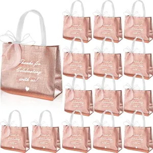 50 Pcs Thank You Gift Bags with Handles and 12 Roll Bow Ribbon, Reusable Nonwoven Return Gift Bags 9.7 x 8 x 4 Inch Glossy Wedding Welcome Tote for Birthday Baby Shower Anniversary Party(Rose Gold)
