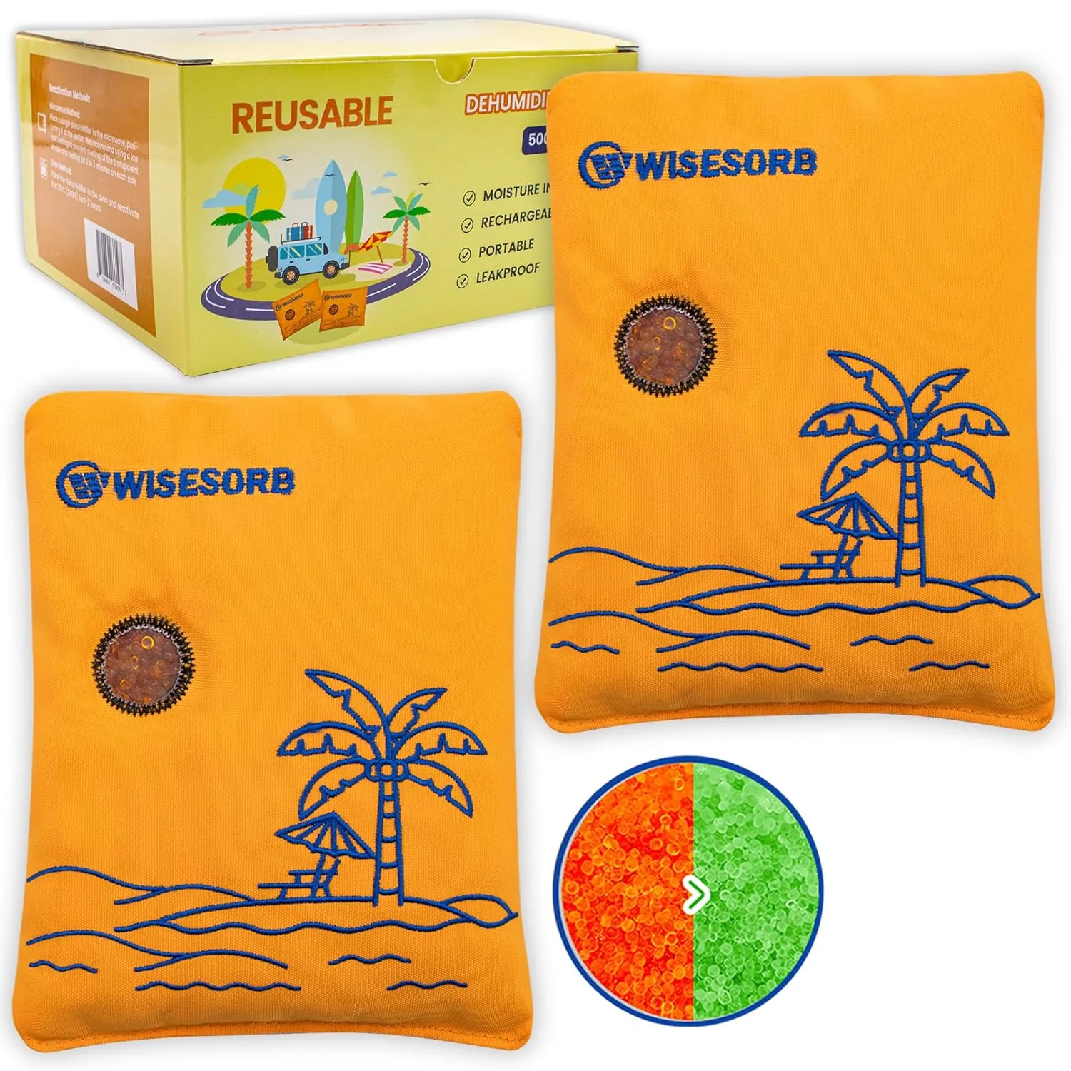 500g 2pcs Rechargeable Car Dehumidifier Moisture Absorbers Bags, Reusable Desiccant Color Indicating Silica Gel Packets, Microwave Reactivated Visible Desiccant Packs for Car Closet Basement