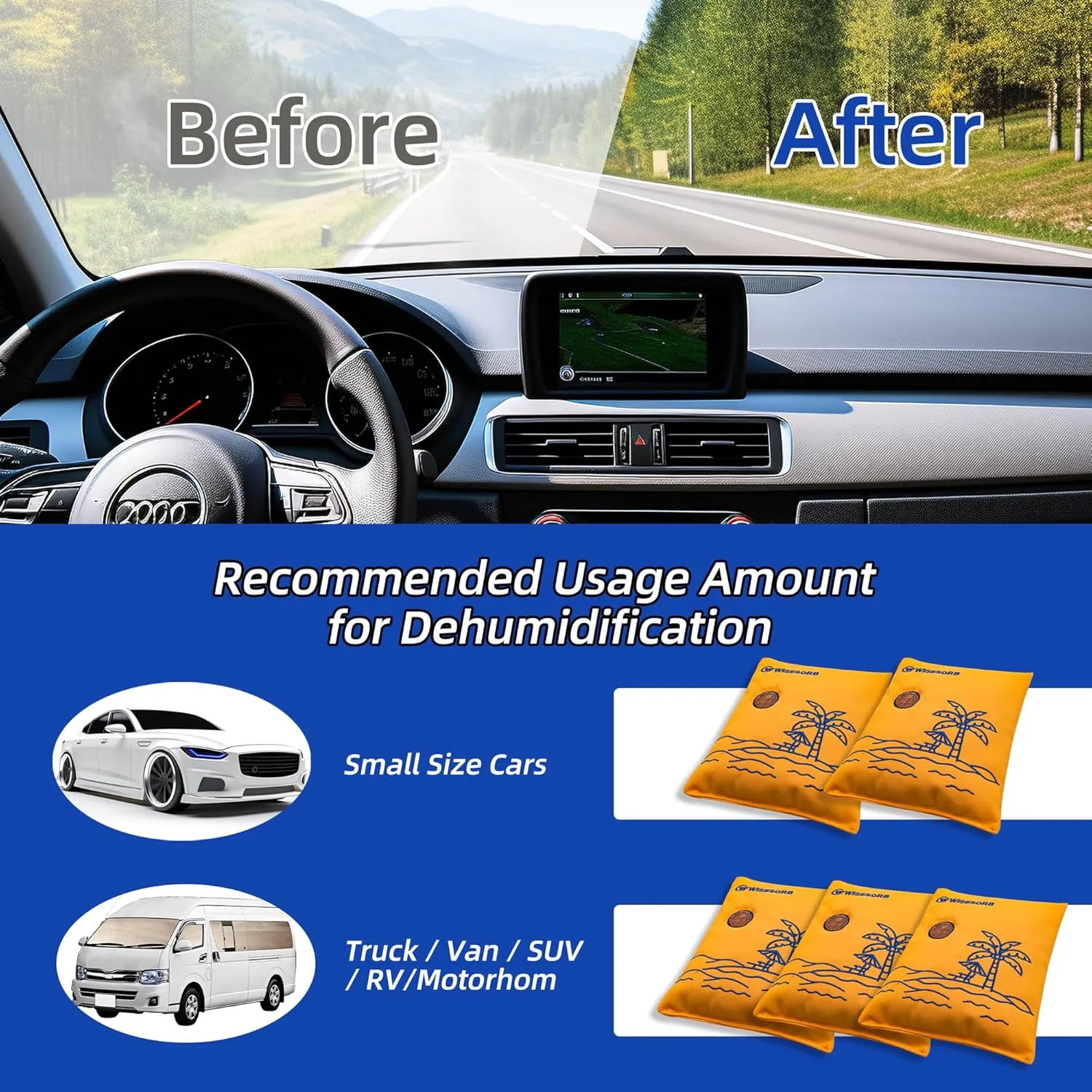 500g 2pcs Rechargeable Car Dehumidifier Moisture Absorbers Bags, Reusable Desiccant Color Indicating Silica Gel Packets, Microwave Reactivated Visible Desiccant Packs for Car Closet Basement