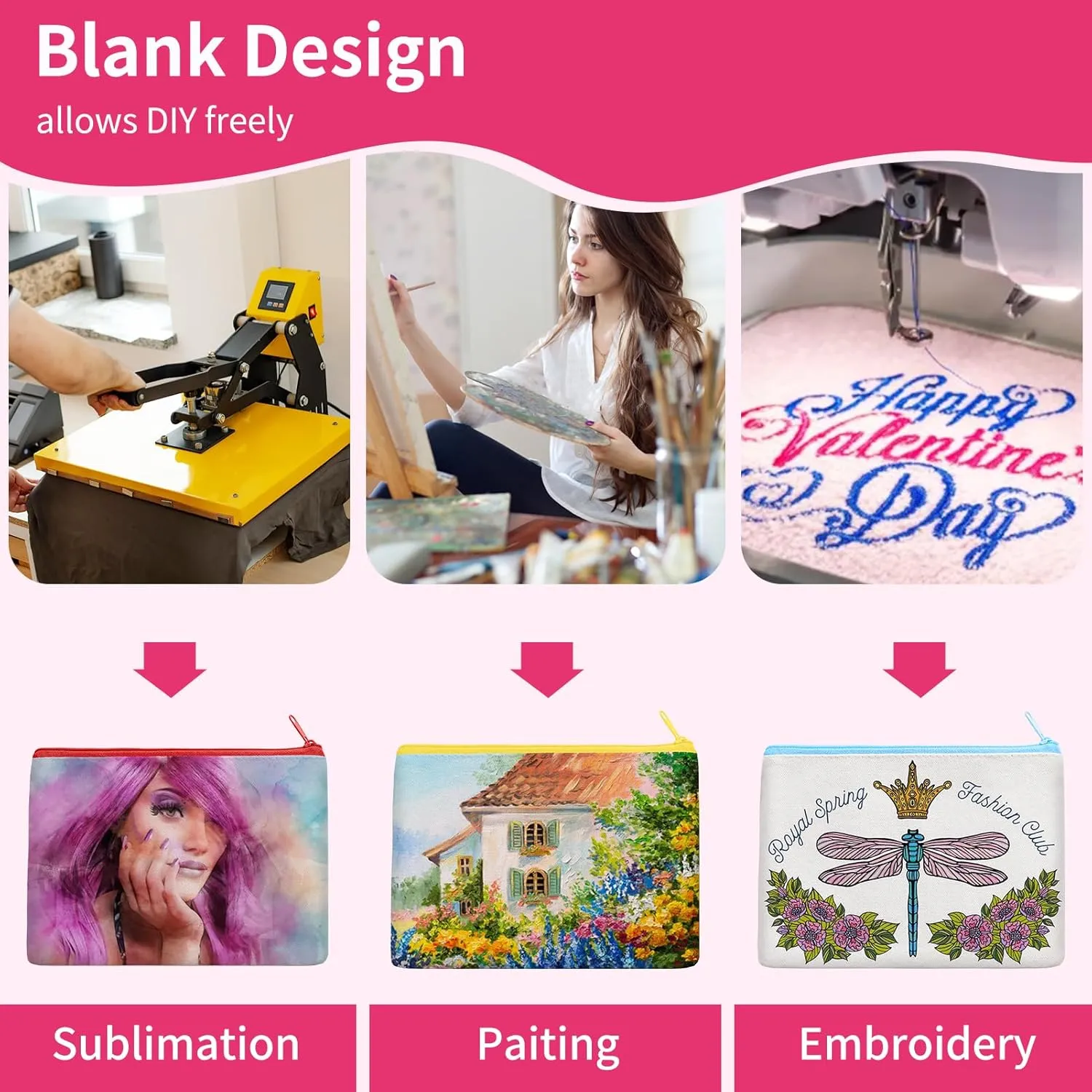 50Pcs Canvas Makeup Bags Bulk, 7.87 x 5.7 Inch Cotton Sublimation Blank DIY Heat Transfer Cosmetic Bag w/Colorful Zipper Gift Box for Bridesmaid Makeup Bag Travel Toiletry Pouch Storage, Mother's Day
