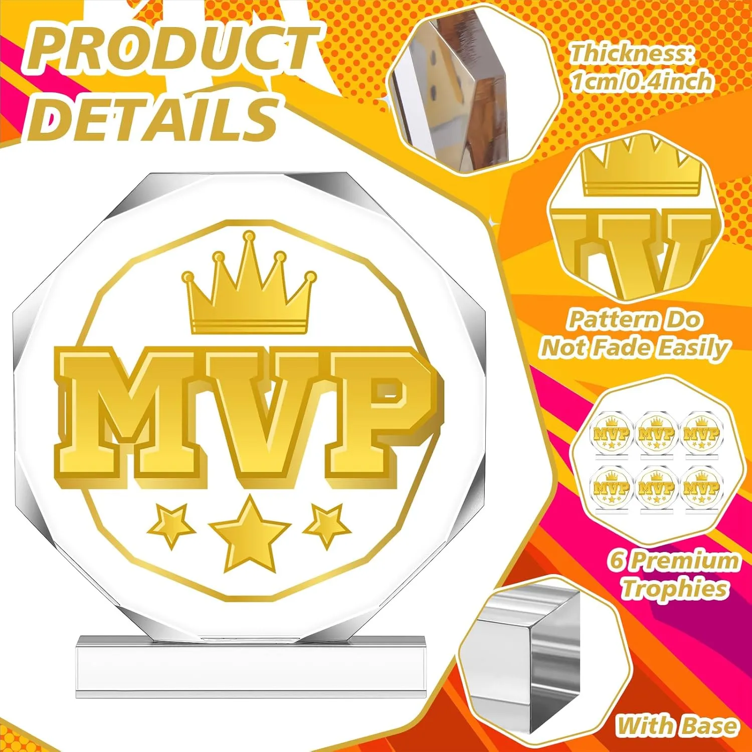 6 Pack Sports Trophy Acrylic Award Medals 4.72 x 4.72 Inch Sports Contest Trophies Bulk Plaques Team Prize Gift Trophies for Competition