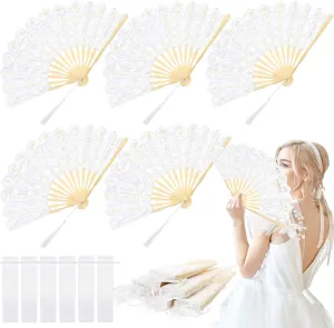 6 Pcs Cotton Lace Folding Handheld Fan Embroidered Bridal Hand Fan with Bamboo Staves and Silk Tassels Vintage Retro for Women Wedding Party Favor Costume Dancing Party (White)