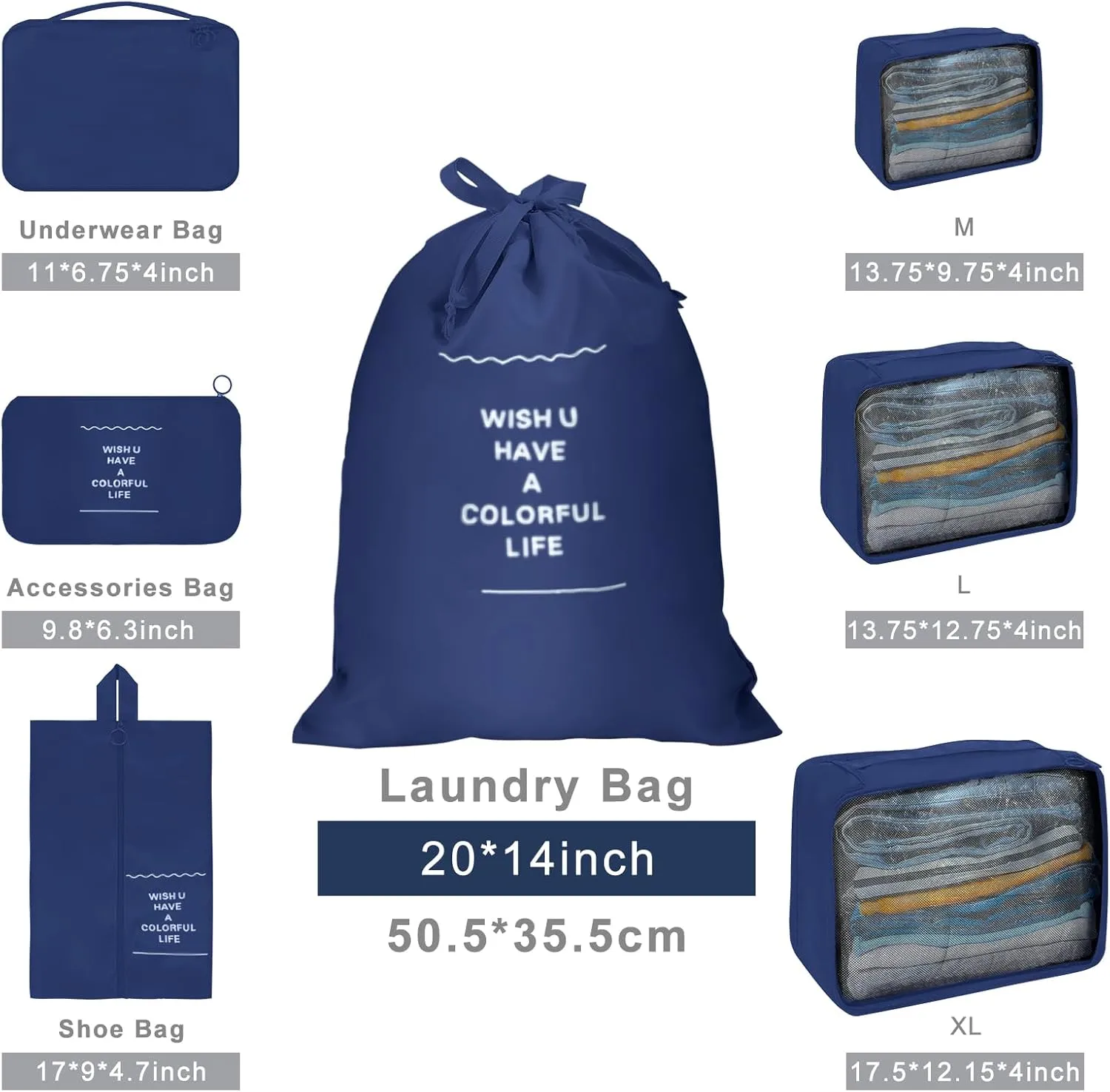 7-Piece Set Packing Cubes for Suitcases - Travel Essentials Bag Organizers for Carry On - Luggage Organizer Bags for Travel Accessories in 4 Sizes (XL, L, M, S) (Navy blue)