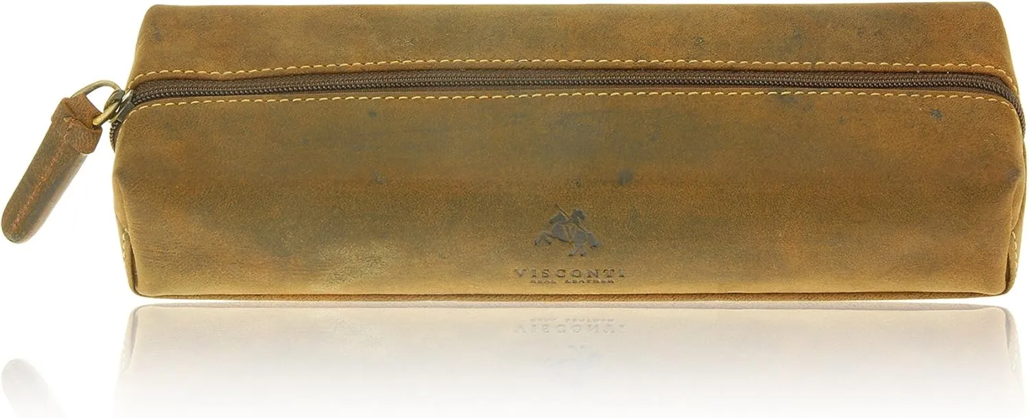 731 Hunter Distressed Brown Leather Pencil Case/Small Travel Makeup Cosmetic Bag/Toiletry Case/Supply Holder (Tan)