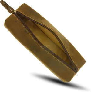 731 Hunter Distressed Brown Leather Pencil Case/Small Travel Makeup Cosmetic Bag/Toiletry Case/Supply Holder (Tan)
