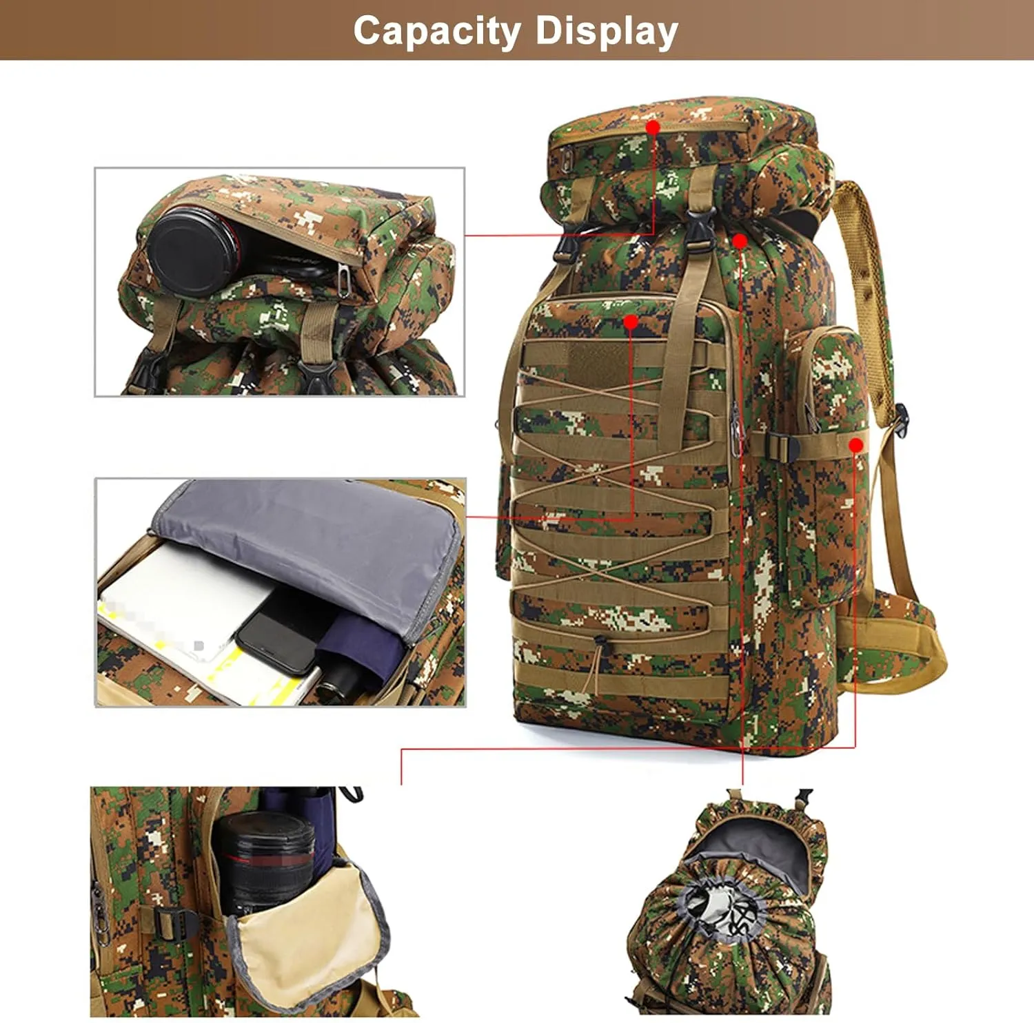 80L Outdoor Camping Backpack for Men Women, Large Capacity Polyester Tactical Rucksack Hiking Travel Duffel Bags (Black)