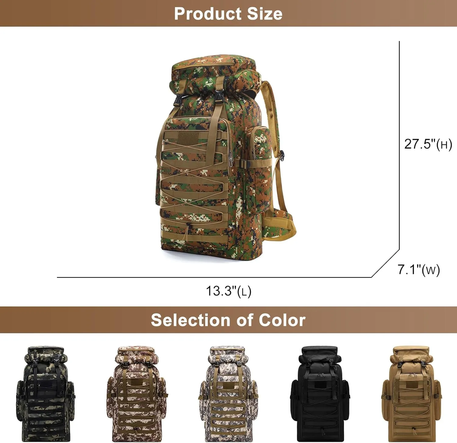 80L Outdoor Camping Backpack for Men Women, Large Capacity Polyester Tactical Rucksack Hiking Travel Duffel Bags (Black)