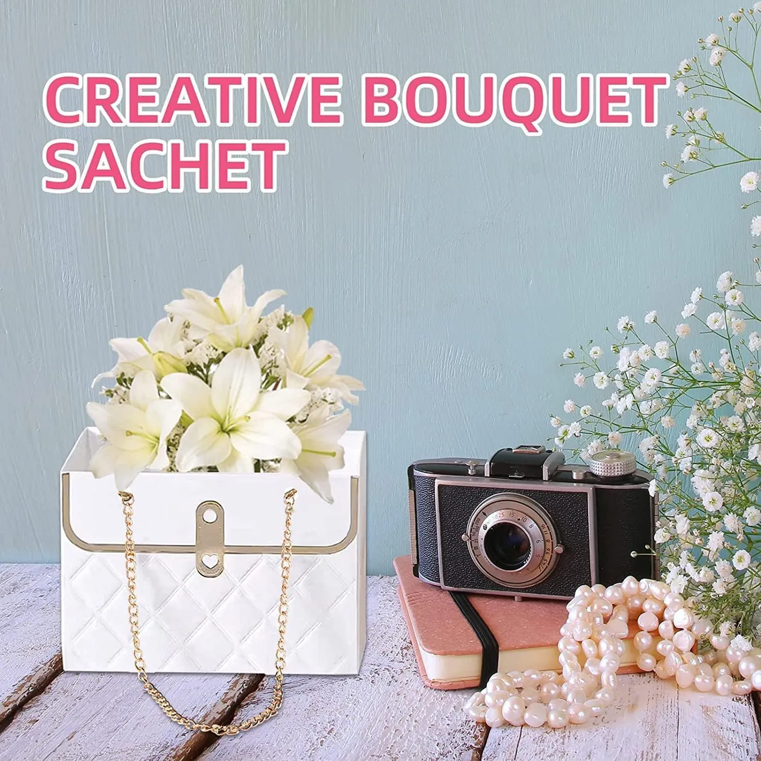 8PCS Flower Paper Gift Bag, Bouquet Storage Bucket Florist Handbag with Metal Chain, Gift Craft Wrap Bag for Wedding Party Valentine's Day Birthday Mother's Day Bridal Shower Gift Wrap Bags (Pink White)
