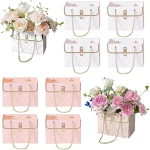 8PCS Flower Paper Gift Bag, Bouquet Storage Bucket Florist Handbag with Metal Chain, Gift Craft Wrap Bag for Wedding Party Valentine's Day Birthday Mother's Day Bridal Shower Gift Wrap Bags (Pink White)