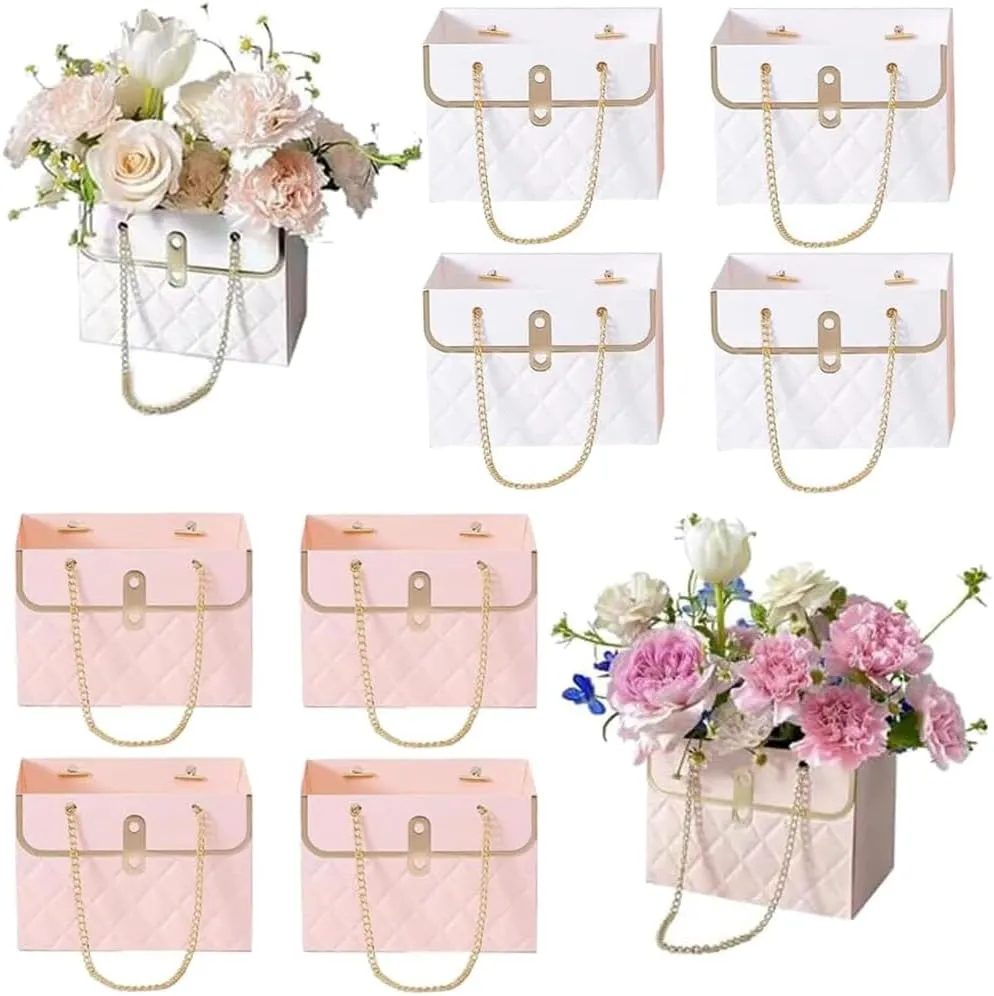 8PCS Flower Paper Gift Bag, Bouquet Storage Bucket Florist Handbag with Metal Chain, Gift Craft Wrap Bag for Wedding Party Valentine's Day Birthday Mother's Day Bridal Shower Gift Wrap Bags (Pink White)