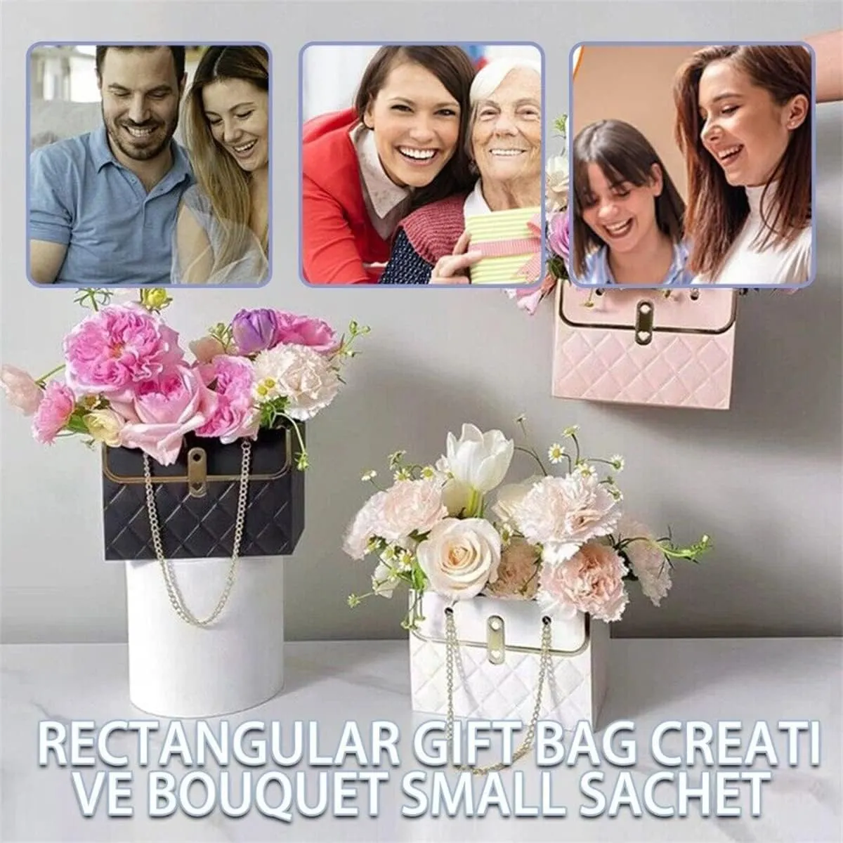 8PCS Flower Paper Gift Bag, Bouquet Storage Bucket Florist Handbag with Metal Chain, Gift Craft Wrap Bag for Wedding Party Valentine's Day Birthday Mother's Day Bridal Shower Gift Wrap Bags (Pink White)