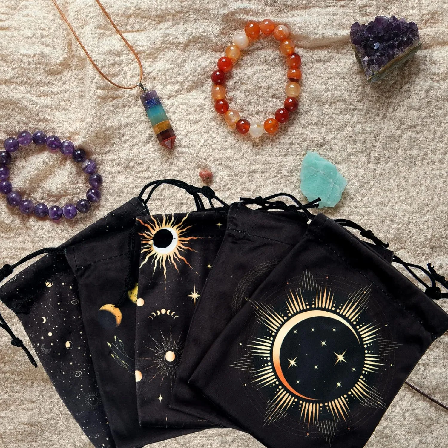 9PCS Tarot Bags Velvet Storage Pouches with Drawstrings, Black and Gold, 7.1 x 6.3 Inches