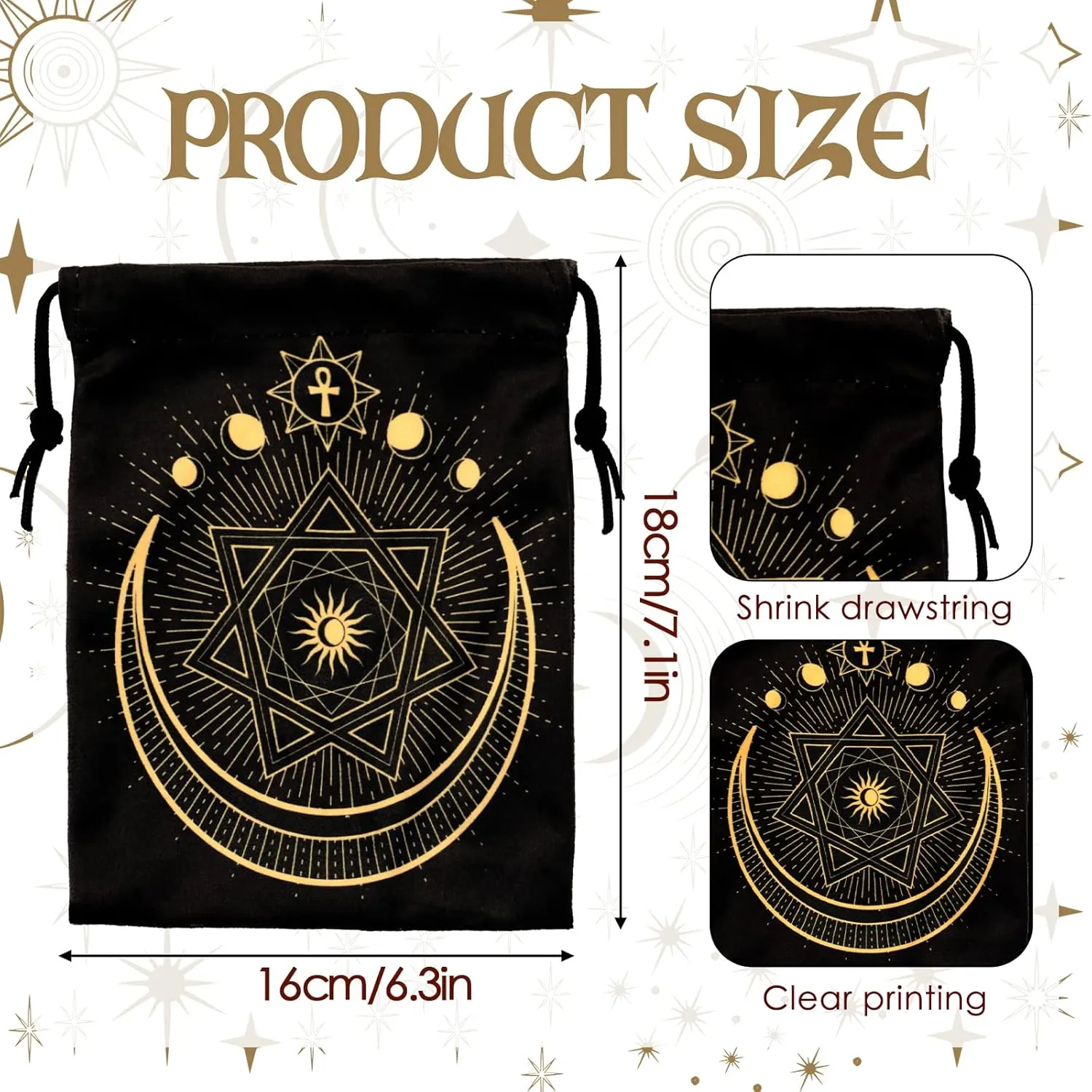 9PCS Tarot Bags Velvet Storage Pouches with Drawstrings, Black and Gold, 7.1 x 6.3 Inches