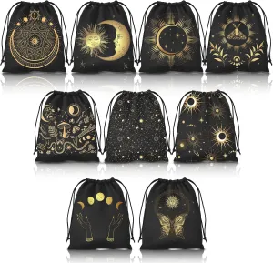 9PCS Tarot Bags Velvet Storage Pouches with Drawstrings, Black and Gold, 7.1 x 6.3 Inches