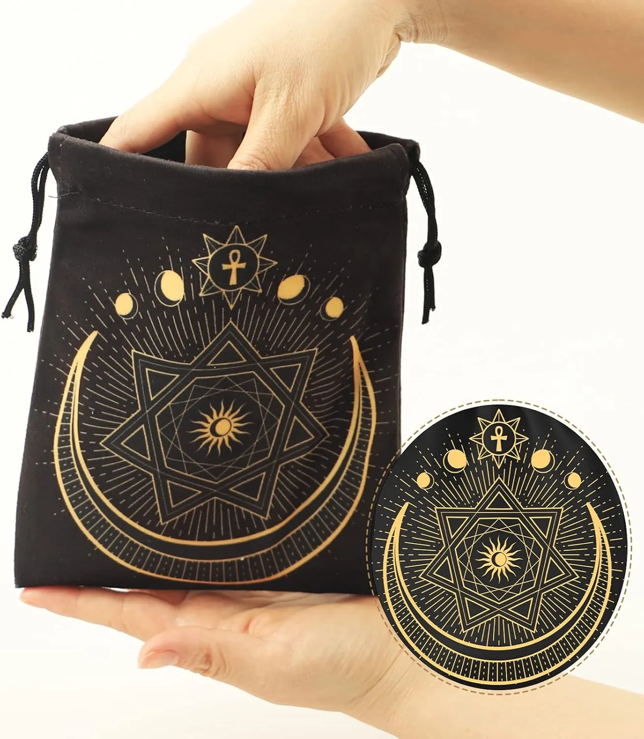 9PCS Tarot Bags Velvet Storage Pouches with Drawstrings, Black and Gold, 7.1 x 6.3 Inches