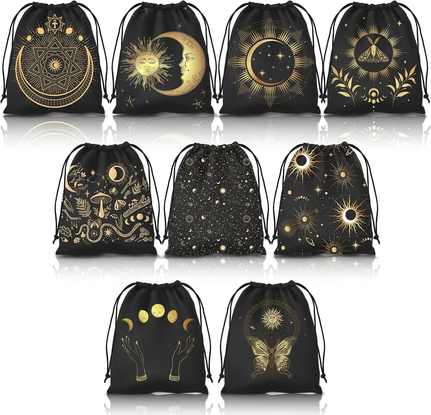 9PCS Tarot Bags Velvet Storage Pouches with Drawstrings, Black and Gold, 7.1 x 6.3 Inches