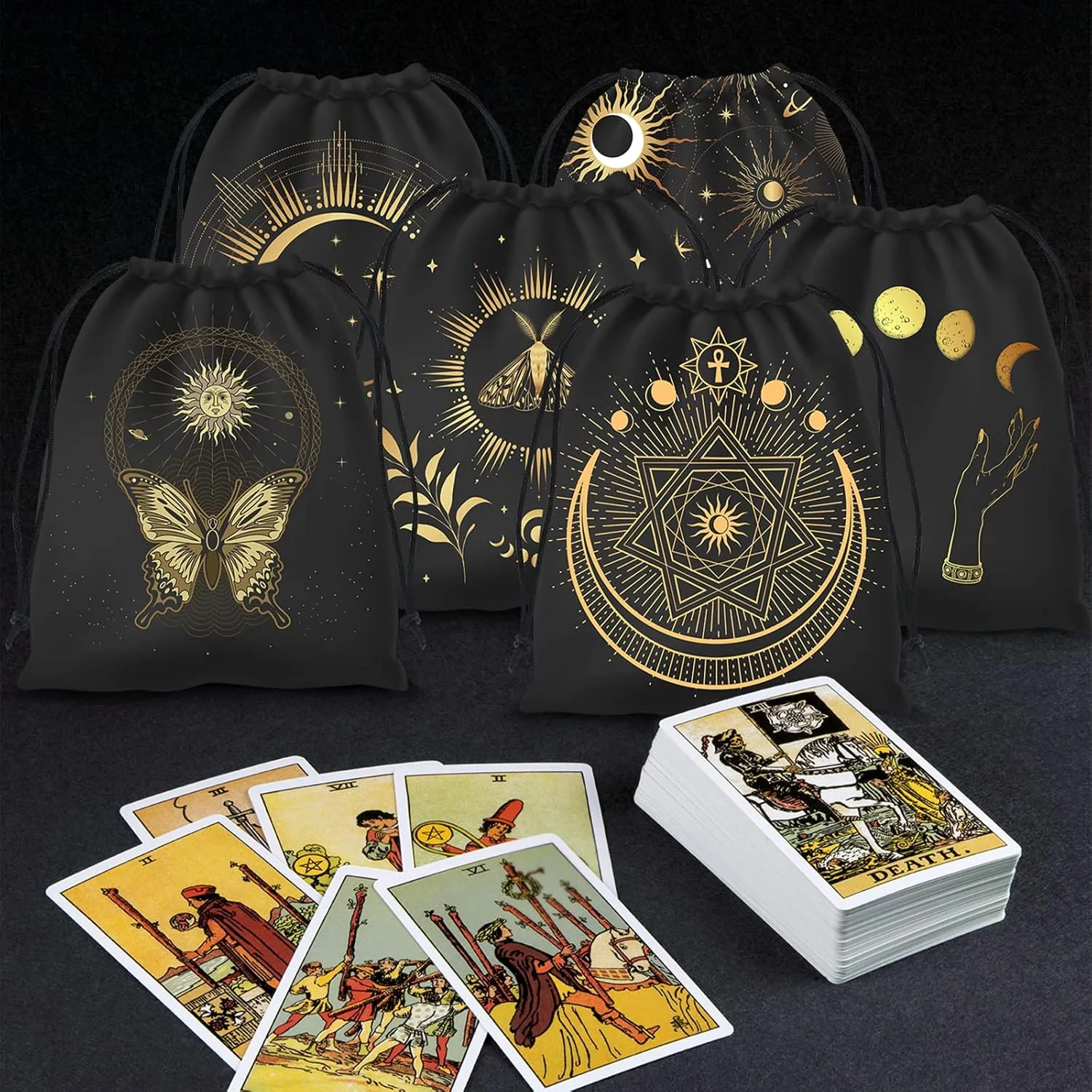 9PCS Tarot Bags Velvet Storage Pouches with Drawstrings, Black and Gold, 7.1 x 6.3 Inches