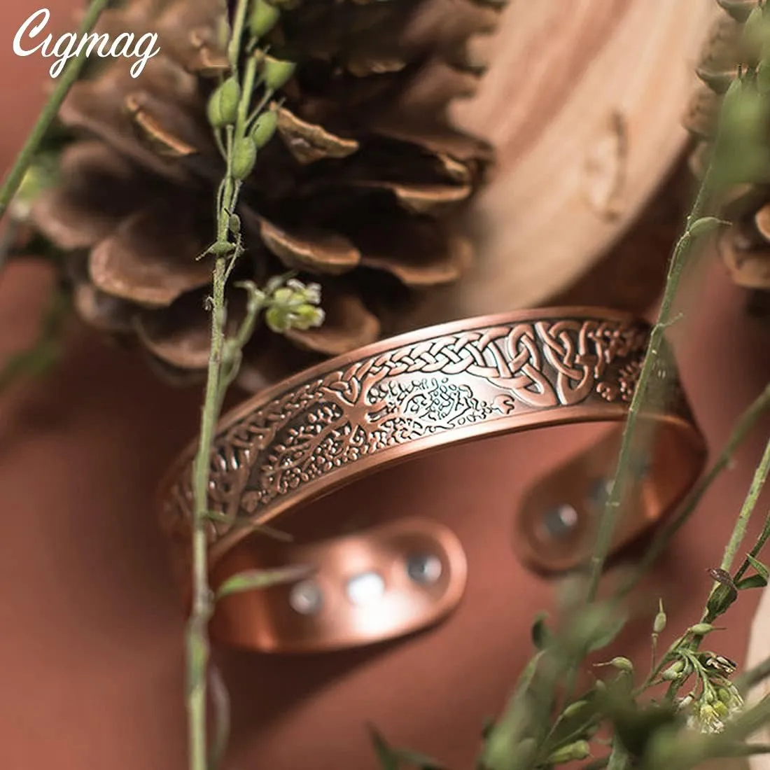 9X Copper Bracelet for Men Copper Magnetic Bracelet Strength Magnets Tree of Life Pattern Adjustable Solid Pure Cuff Bangle