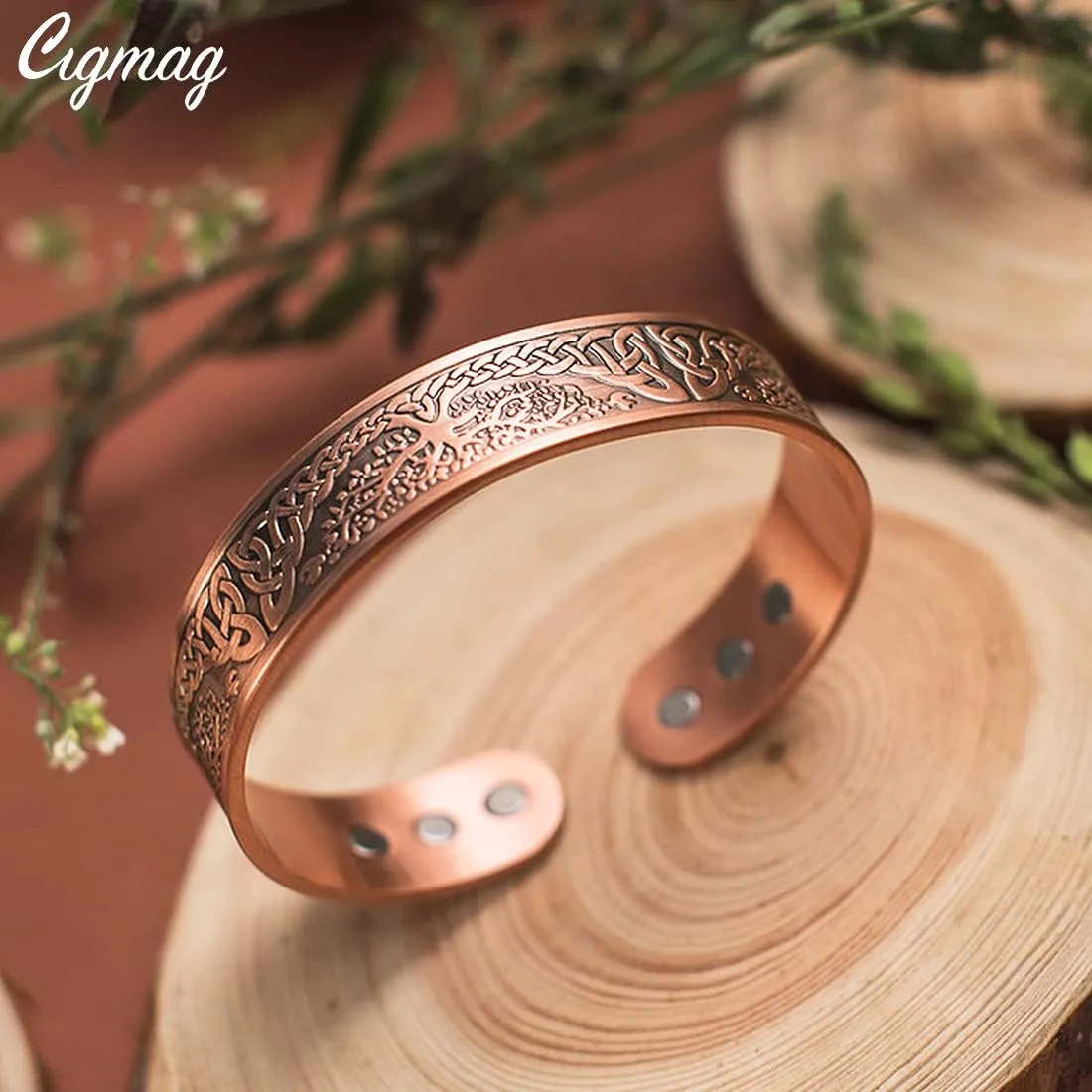 9X Copper Bracelet for Men Copper Magnetic Bracelet Strength Magnets Tree of Life Pattern Adjustable Solid Pure Cuff Bangle