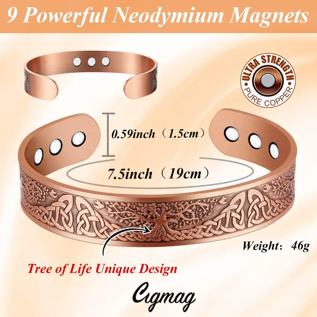 9X Copper Bracelet for Men Copper Magnetic Bracelet Strength Magnets Tree of Life Pattern Adjustable Solid Pure Cuff Bangle