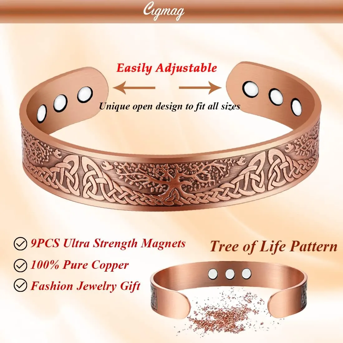 9X Copper Bracelet for Men Copper Magnetic Bracelet Strength Magnets Tree of Life Pattern Adjustable Solid Pure Cuff Bangle