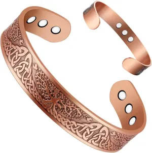 9X Copper Bracelet for Men Copper Magnetic Bracelet Strength Magnets Tree of Life Pattern Adjustable Solid Pure Cuff Bangle