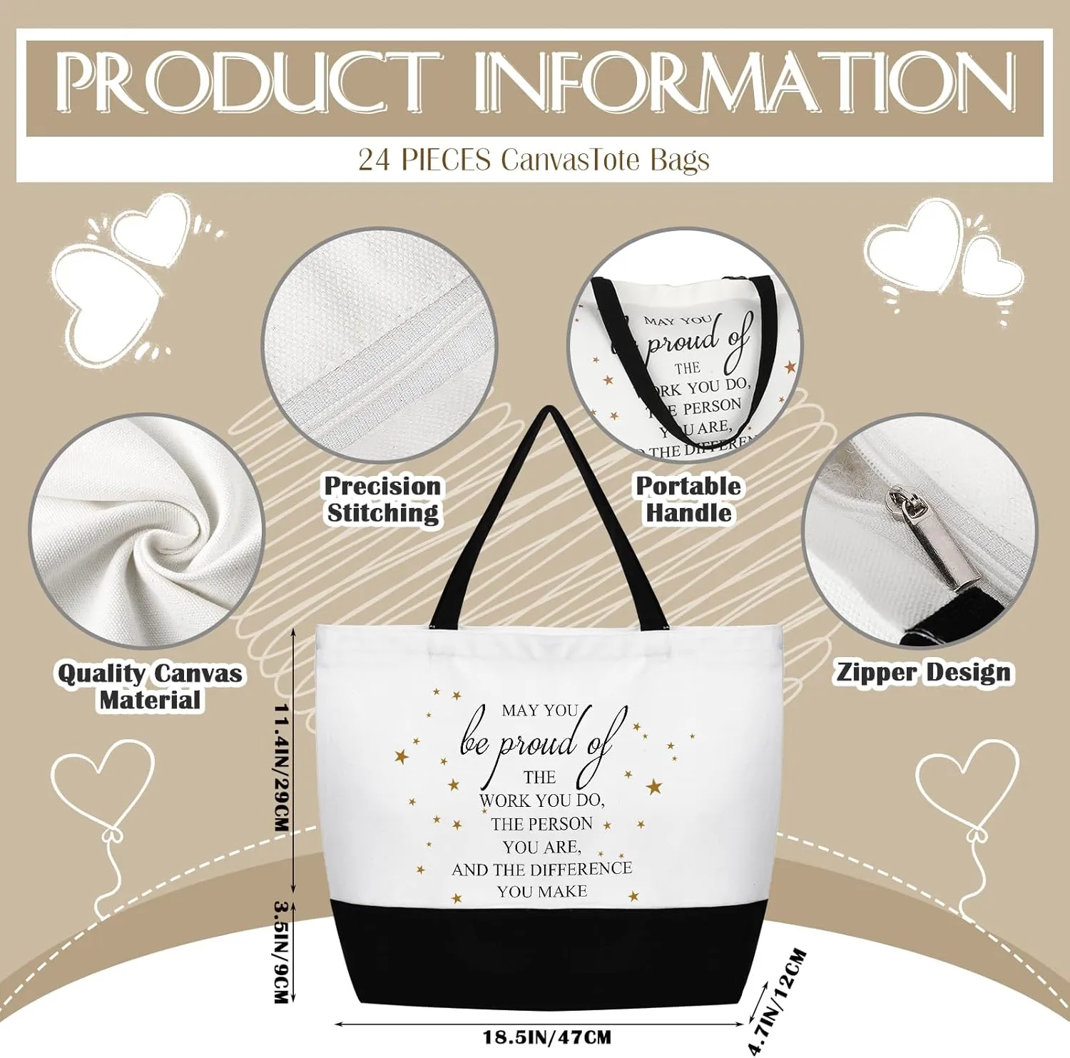 Abbylike 48 Pcs Appreciation Gift Bag Bulk Women Thank You Canvas Tote Cosmetic Bags for Employee Coworker Teacher Nurse