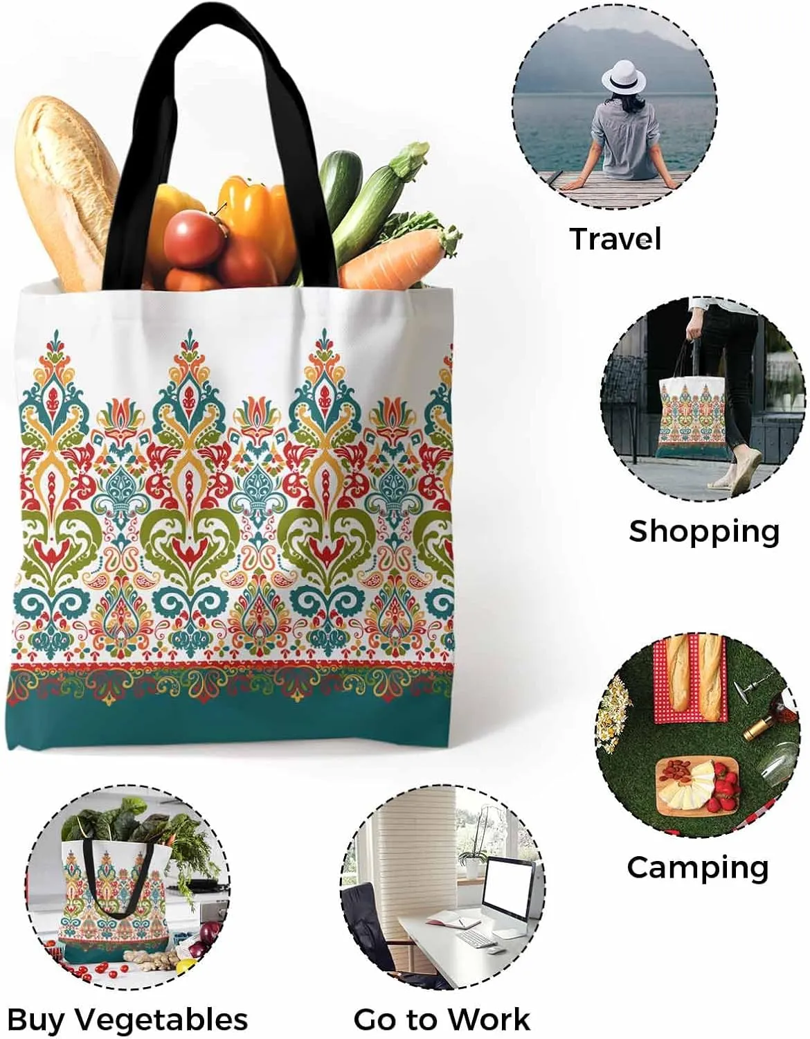 Abstract Canvas Tote Bag Floral Fruit Reusable Grocery Shopping Bags Cute Animals Shoulder Bag for Gym Work