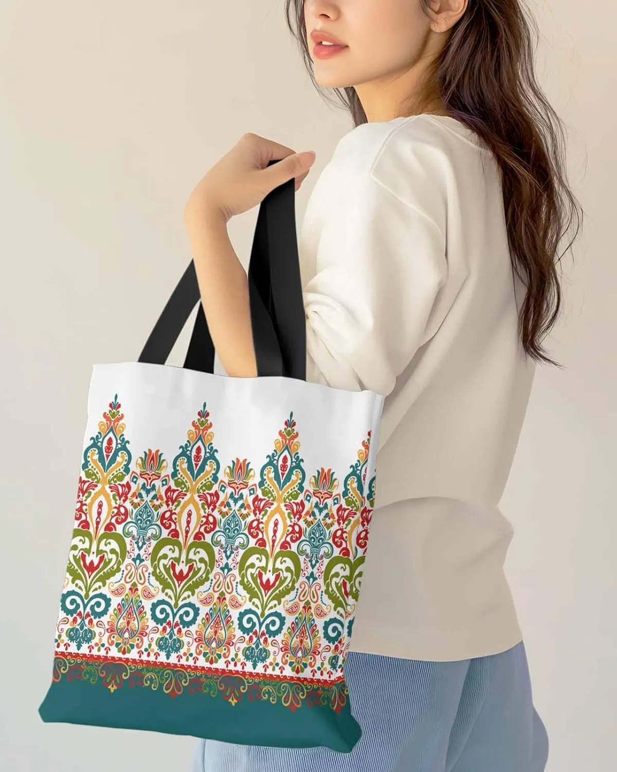 Abstract Canvas Tote Bag Floral Fruit Reusable Grocery Shopping Bags Cute Animals Shoulder Bag for Gym Work